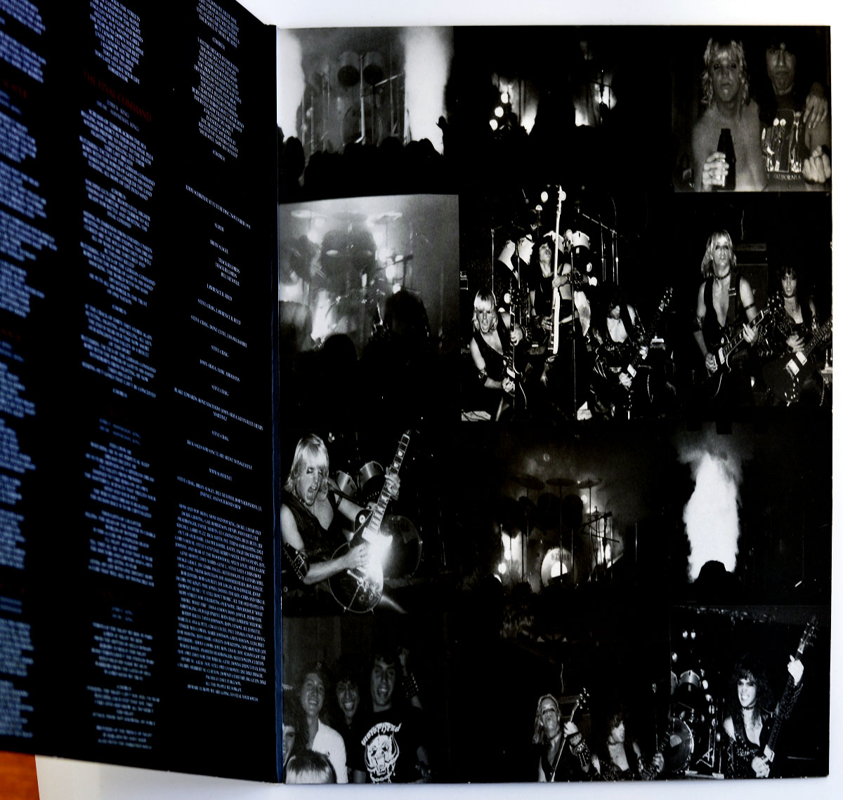 Gatefold of Slayer's 'Show No Mercy' White Vinyl reissue featuring black-and-white live concert and candid band photos.